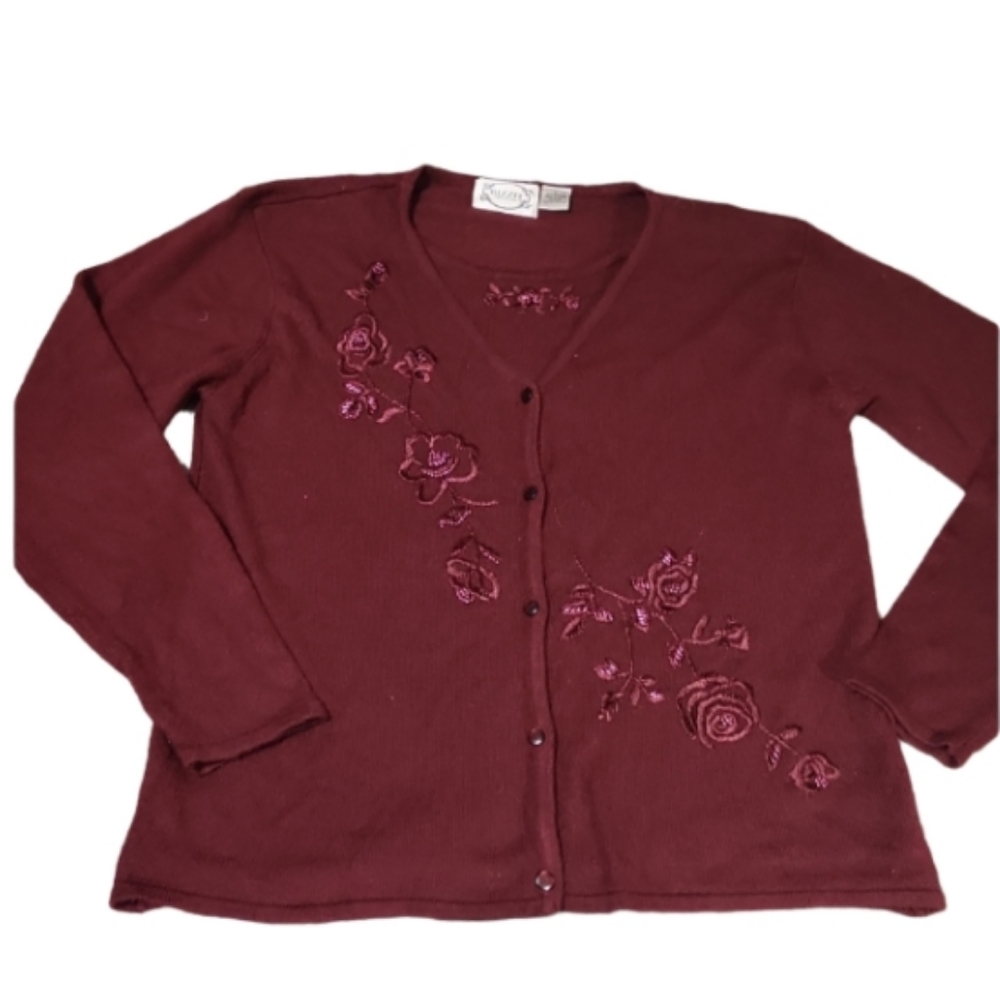 Embroidered roses pearls double sweater lg y2k burgundy
